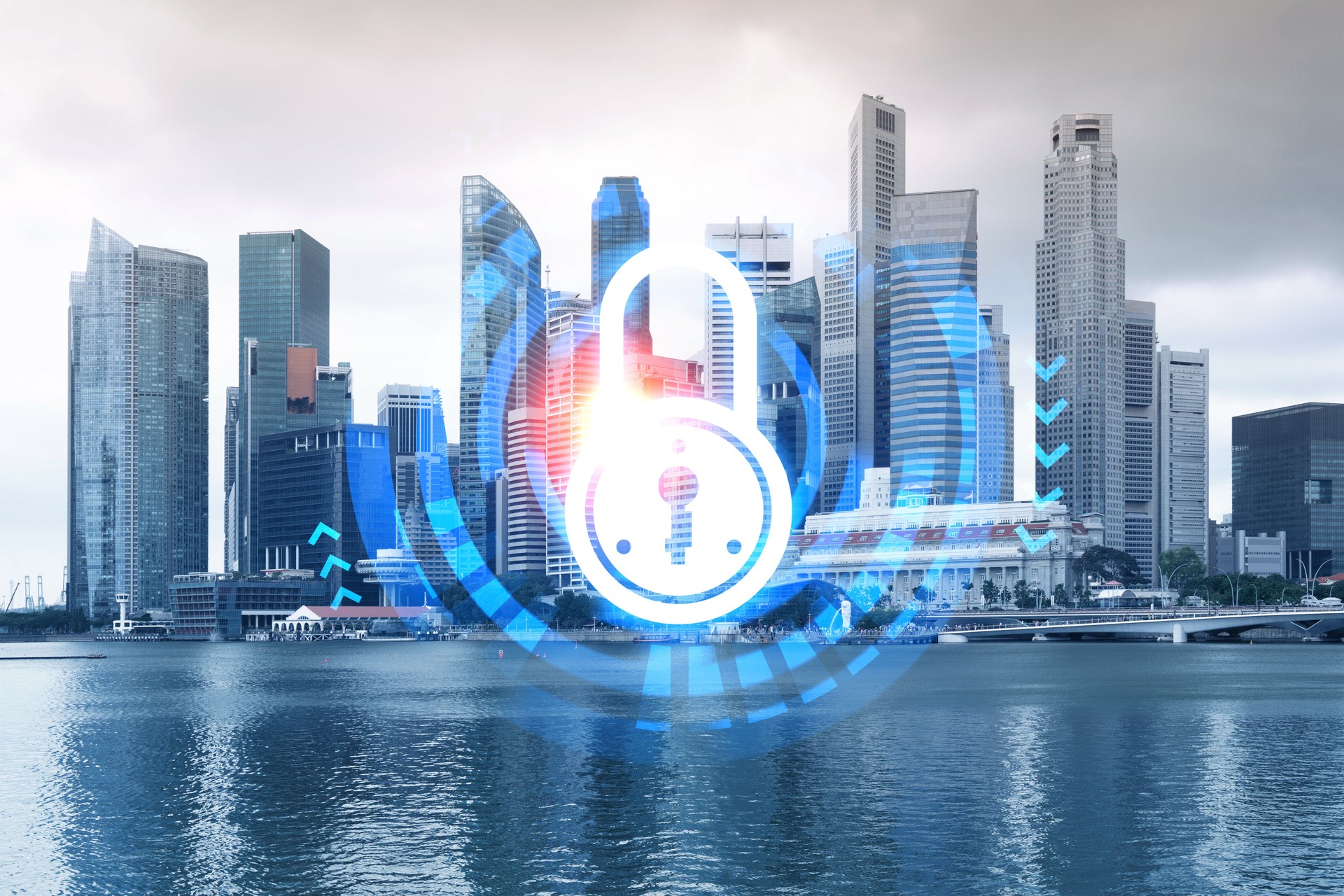 Padlock icon hologram over panorama city view of Singapore to protect business in Asia. The concept of information security shields. Double exposure.